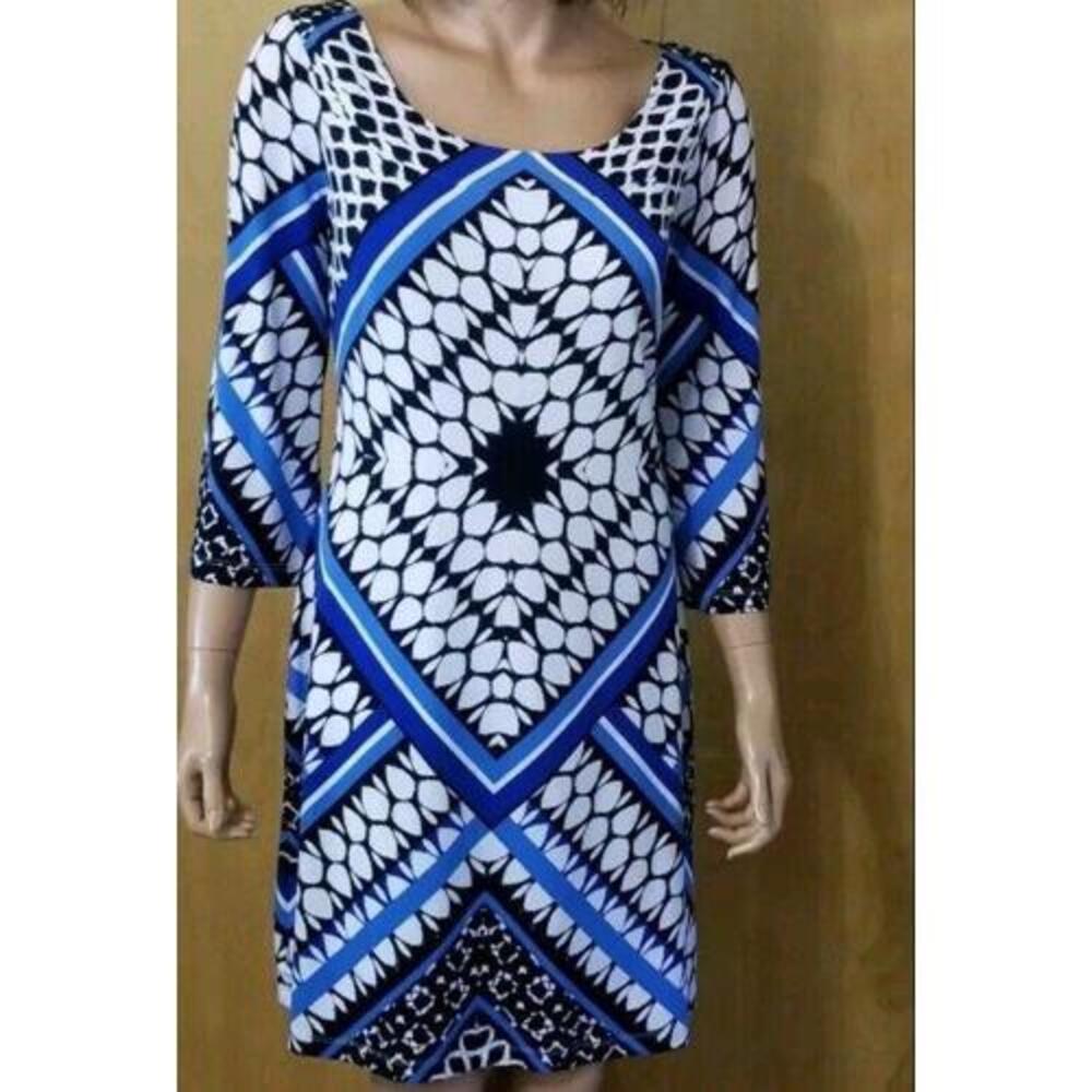 Jessica Simpson Shift Dress 10 Blue/Black/White Geometric Print